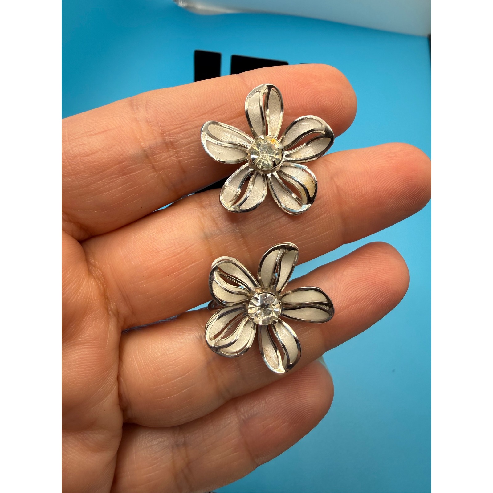 Vintage Bugbee & Niles Bn Silver Tone Enamel Flower Screw Back Earrings